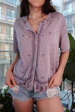 Load image into Gallery viewer, Elektra Vintage women's knit top with vintage lavender paisley pattern, button-front design, boho style, soft and casual fit.
