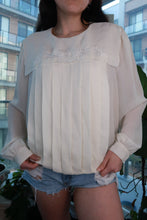 Load image into Gallery viewer, Vintage cream women's blouse with embroidered Peter Pan collar, sheer pleated boho top by Elektra Vintage.
