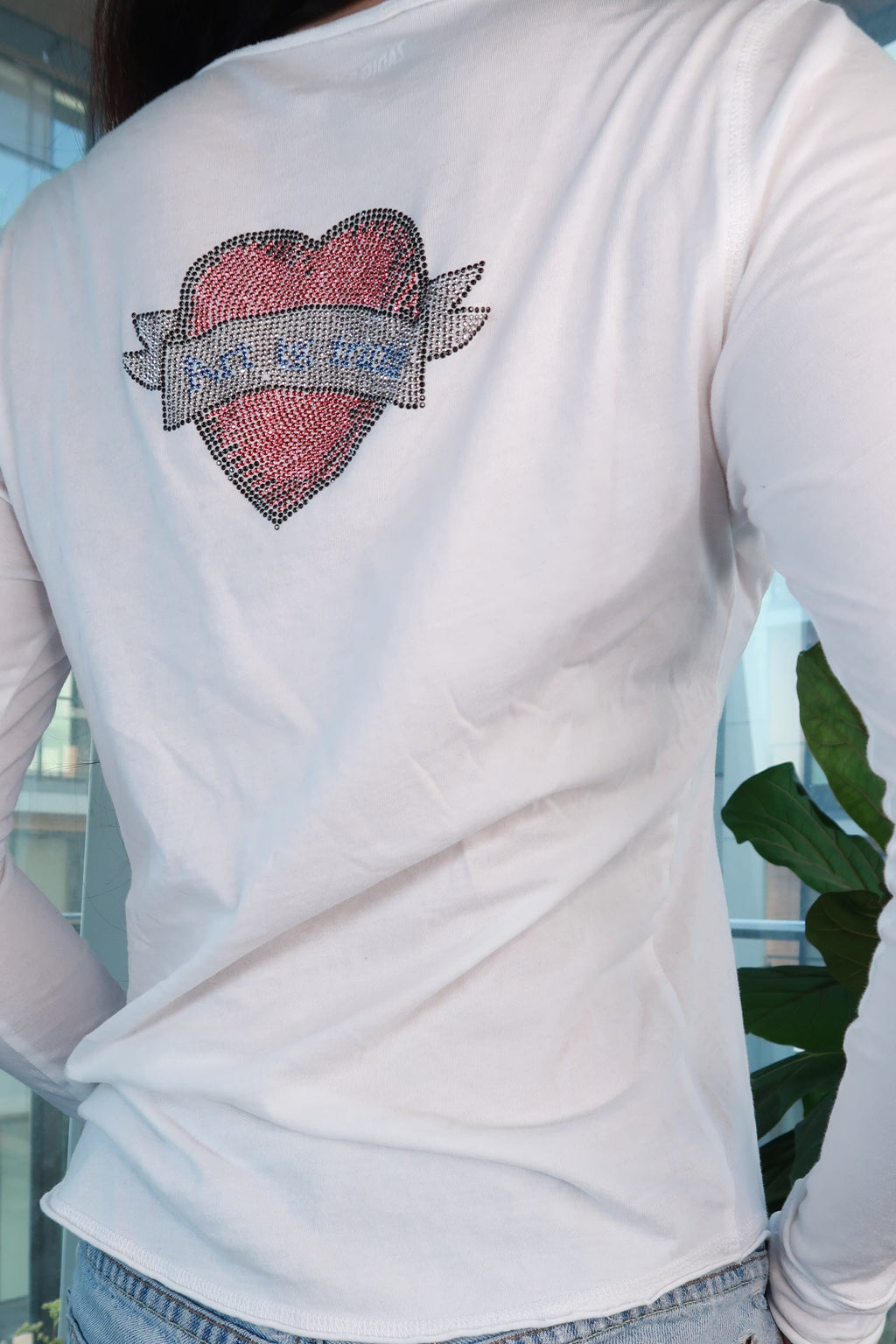 White Zadig & Voltaire Rhinestone Heart long sleeve tee with graphic print, women's top featuring a stylish and casual design.