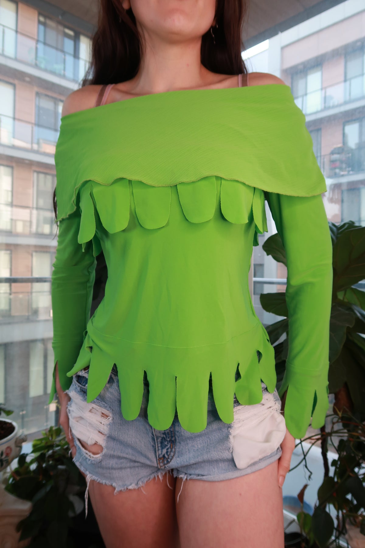Vintage Lime Green Off Shoulder Scallop Trim Top – Statement Y2K Layered Blouse