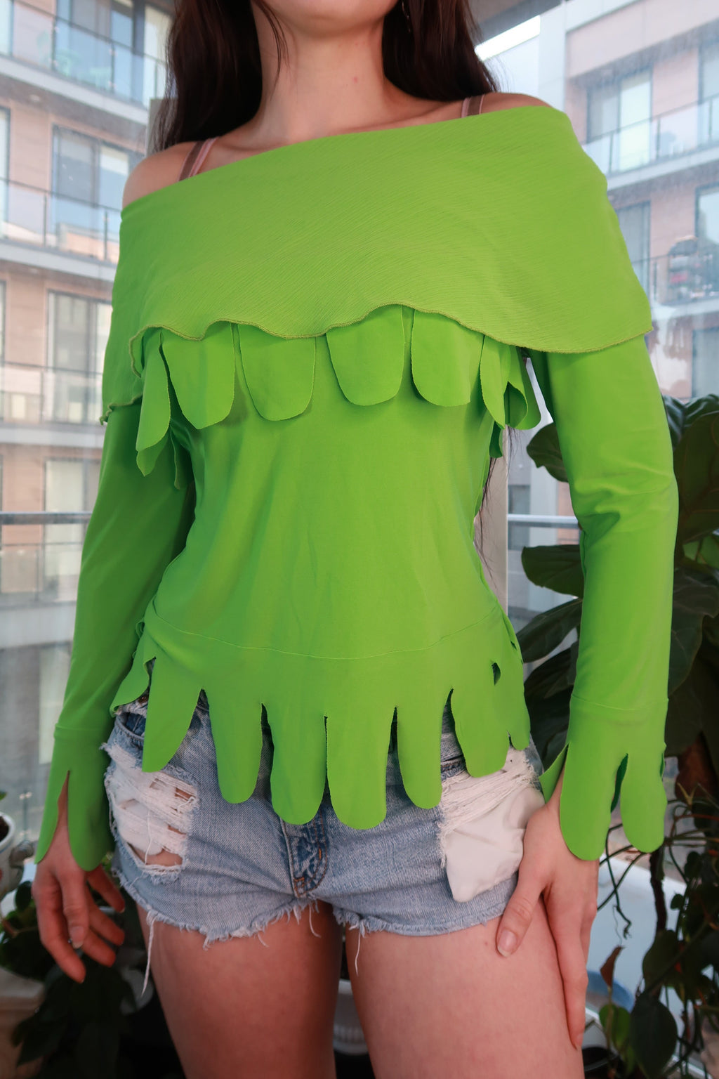 Vintage lime green off-shoulder scallop trim top for women, layered Y2K style blouse by Elektra Vintage.