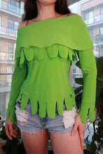 Load image into Gallery viewer, Vintage lime green off-shoulder scallop trim top for women, layered Y2K style blouse by Elektra Vintage.

