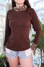 Load image into Gallery viewer, Women's vintage brown cotton turtleneck top with leopard print trim, Y2K-inspired animal print from Elektra Vintage.
