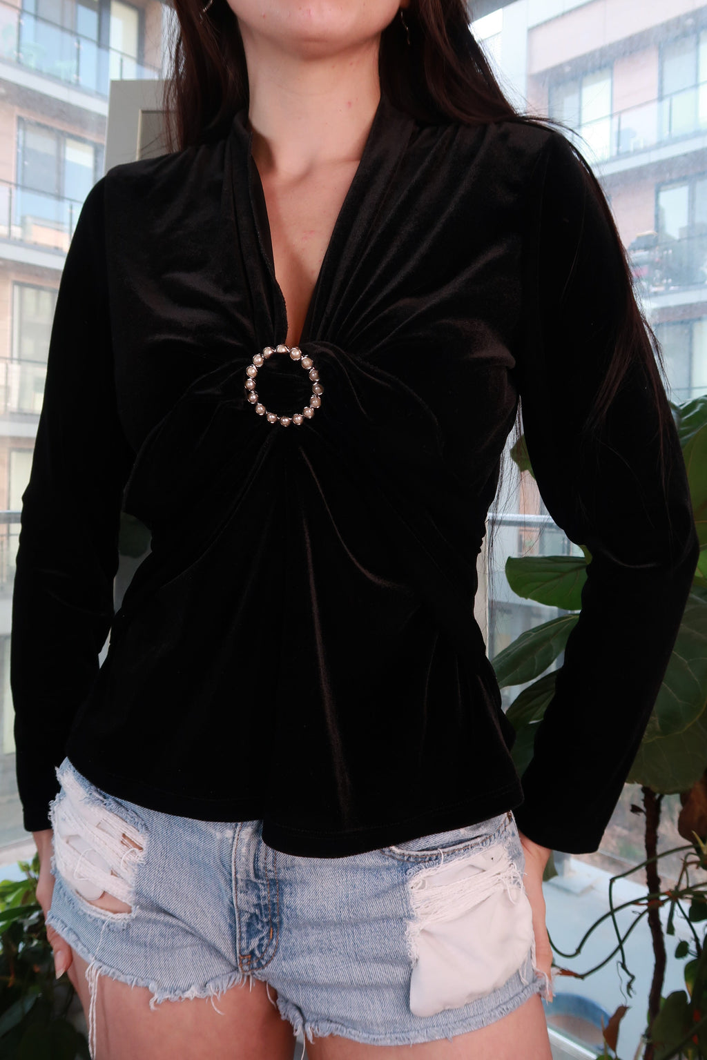 Black velvet women's top with ring detail and pearl accents, vintage 2000s Y2K glam blouse by Elektra Vintage.