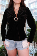 Load image into Gallery viewer, Black velvet women's top with pearl accents and ring details, vintage 2000s Y2K glam blouse by Elektra Vintage.
