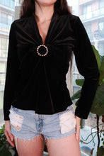 Load image into Gallery viewer, Black velvet women's top with pearl accents and ring details, vintage 2000s Y2K glam blouse by Elektra Vintage.
