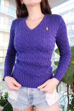 Load image into Gallery viewer, Purple vintage Ralph Lauren Sport cable knit sweater, women's V-neck fitted knit top by Elektra Vintage displayed on a hanger.
