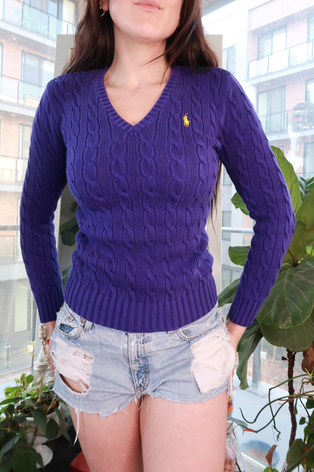 Purple vintage Ralph Lauren Sport cable knit sweater for women, V-neck fitted knit top with classic pattern and ribbed cuffs.