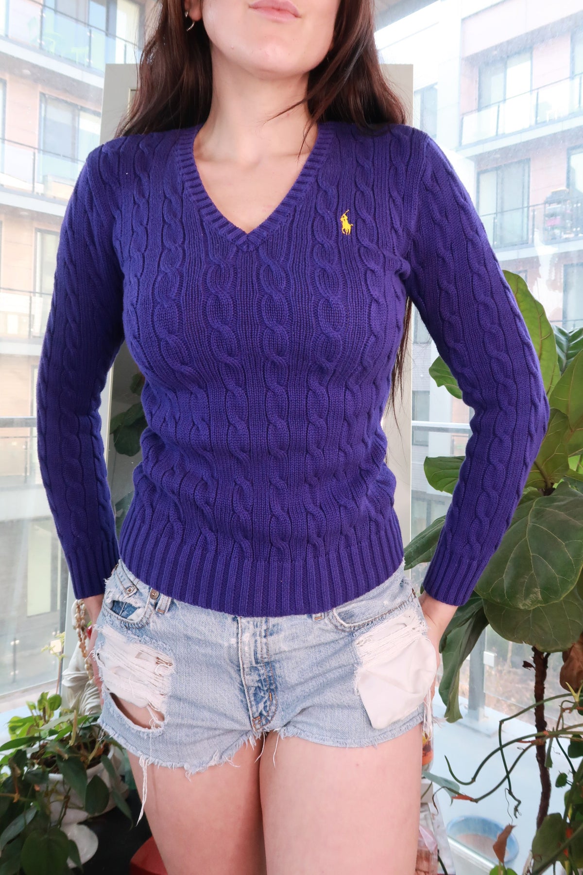 Purple vintage Ralph Lauren Sport cable knit sweater for women, V-neck fitted knit top with classic pattern and ribbed cuffs.