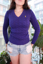 Load image into Gallery viewer, Purple vintage Ralph Lauren Sport cable knit sweater for women, V-neck fitted knit top with classic pattern and ribbed cuffs.
