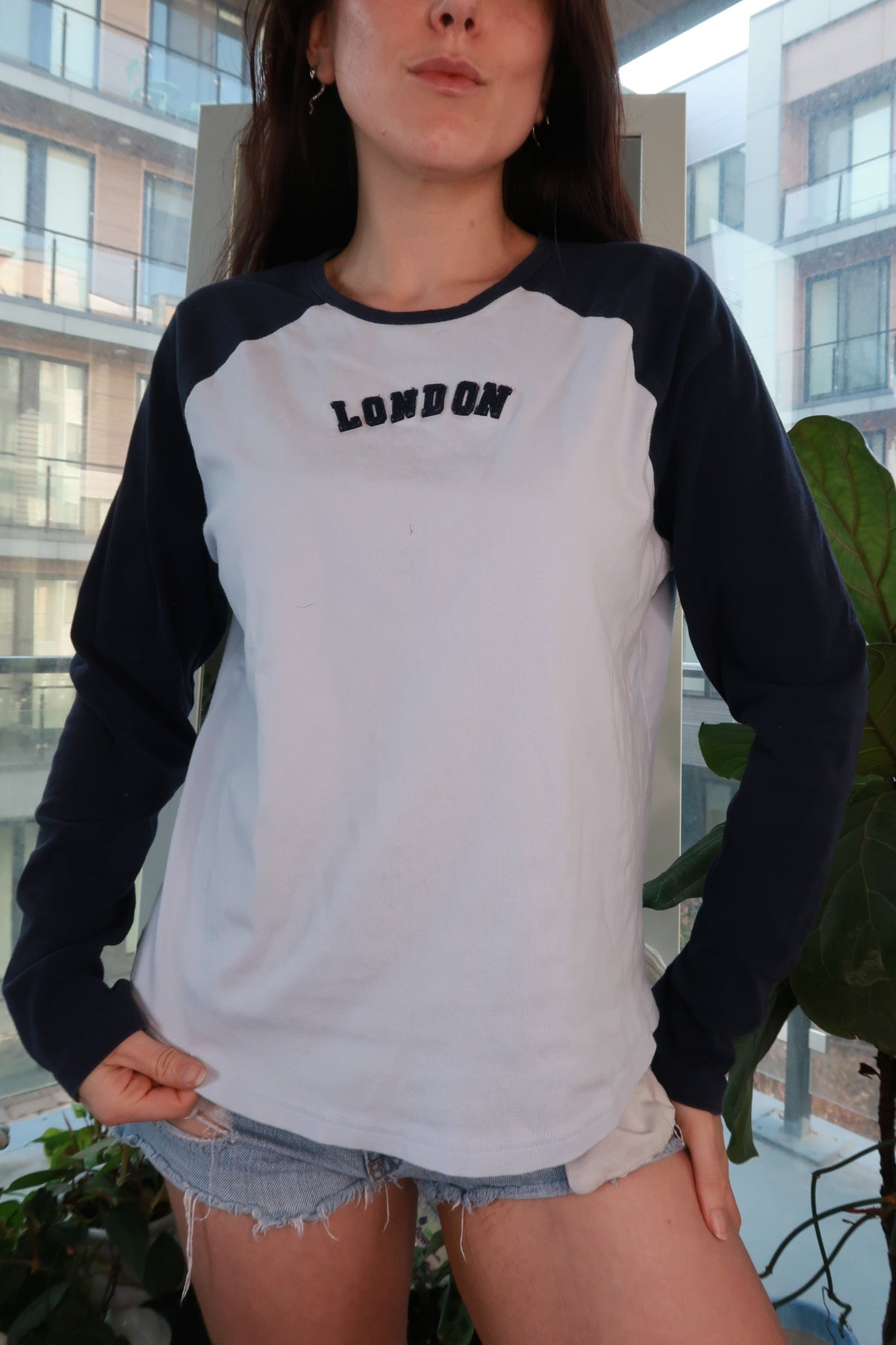 Women's vintage GAP London raglan long sleeve tee with classic Y2K graphic design, featuring a retro-inspired style.