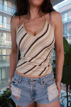 Load image into Gallery viewer, Women's vintage halter top by Elektra Vintage featuring cream and gold metallic diagonal stripes, Y2K-inspired camisole style.
