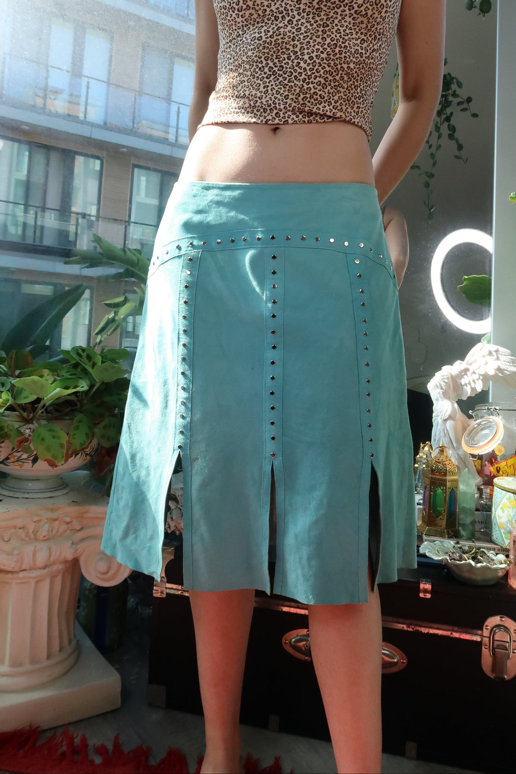 Vintage Cache Aqua Suede Studded Skirt