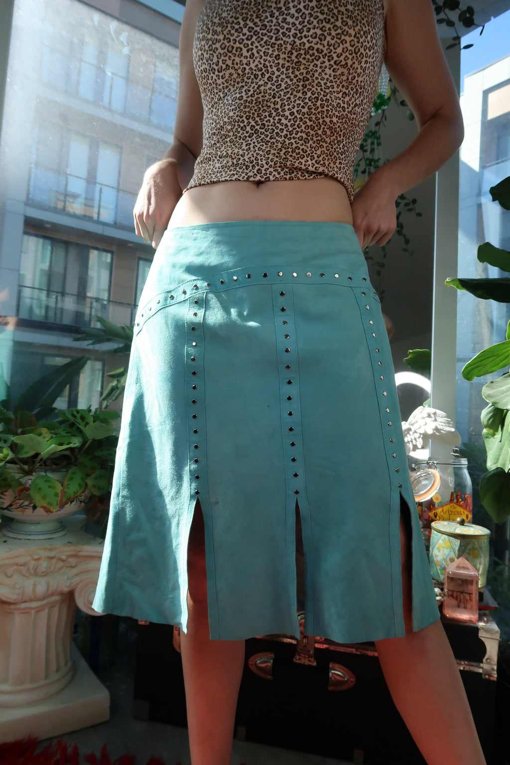 Vintage Cache Aqua Suede Studded Skirt