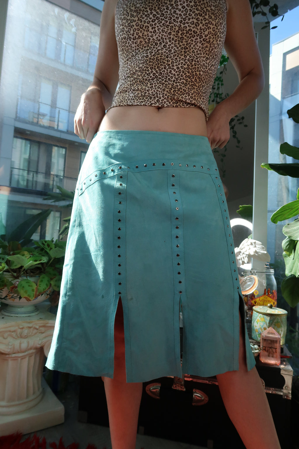 Vintage Cache Aqua Suede Studded Skirt