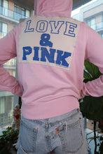 Load image into Gallery viewer, Vintage Victoria’s Secret PINK zip hoodie for women, lilac love and pink graphic sweatshirt, Elektra Vintage Y2K style.

