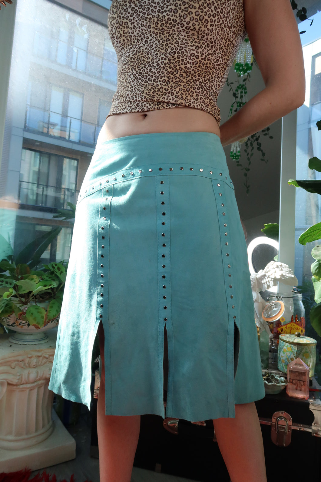 Vintage Cache Aqua Suede Studded Skirt