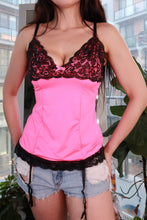 Load image into Gallery viewer, Vintage hot pink lace trim cami top with garter detail, women's Y2K lingerie style tank by Elektra Vintage.
