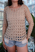 Elektra Vintage women's vintage neutral crochet long sleeve top with open knit and sheer lace details, boho style sweater.