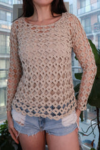Load image into Gallery viewer, Elektra Vintage women's vintage neutral crochet long sleeve top with open knit and sheer lace details, boho style sweater.
