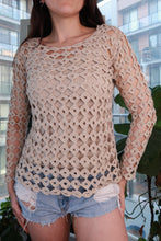 Load image into Gallery viewer, Elektra Vintage women's long sleeve crochet top with open knit design, sheer lace accents, in neutral boho style.
