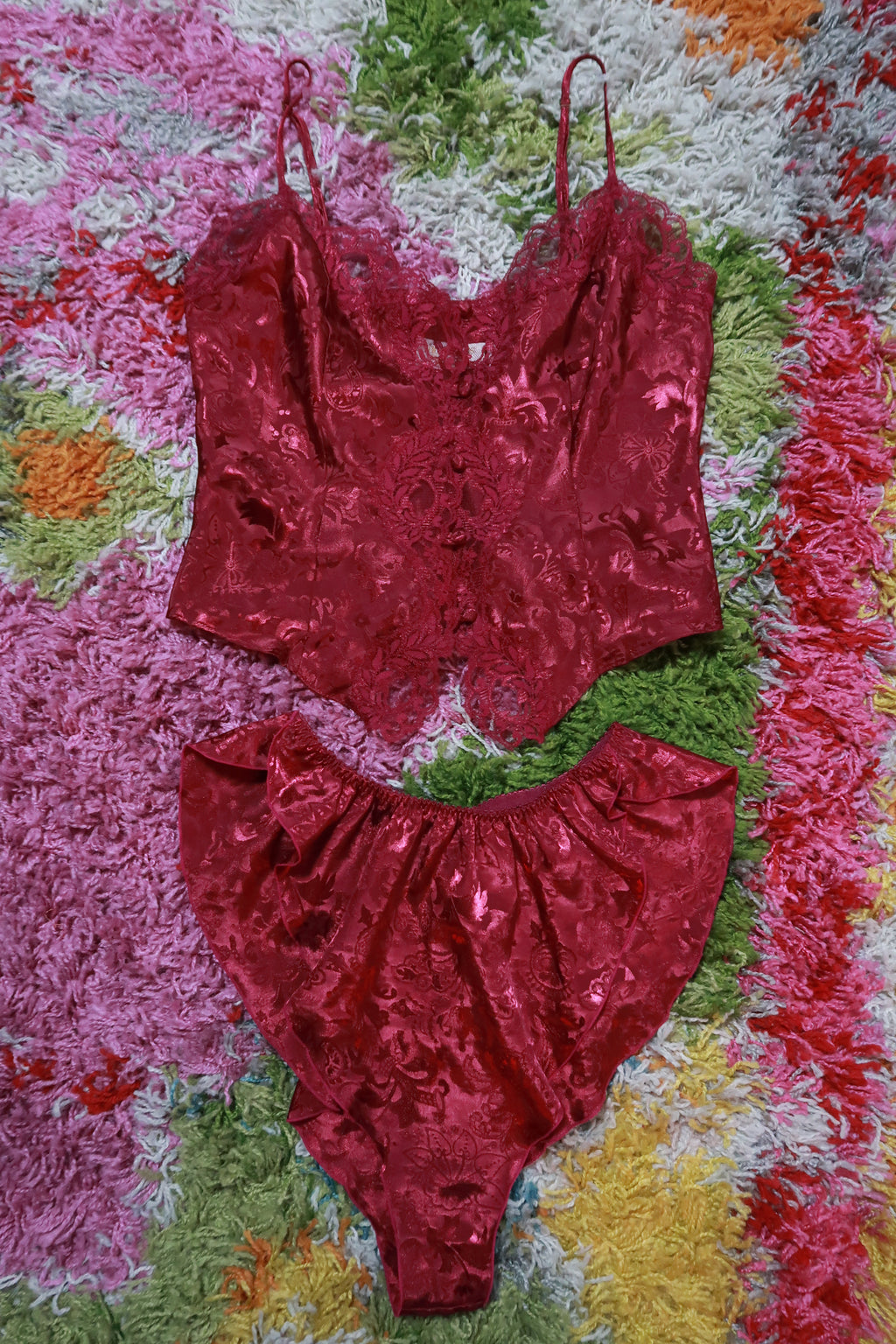 Vintage Victoria's Secret Burgundy Satin Jacquard Lingerie Set