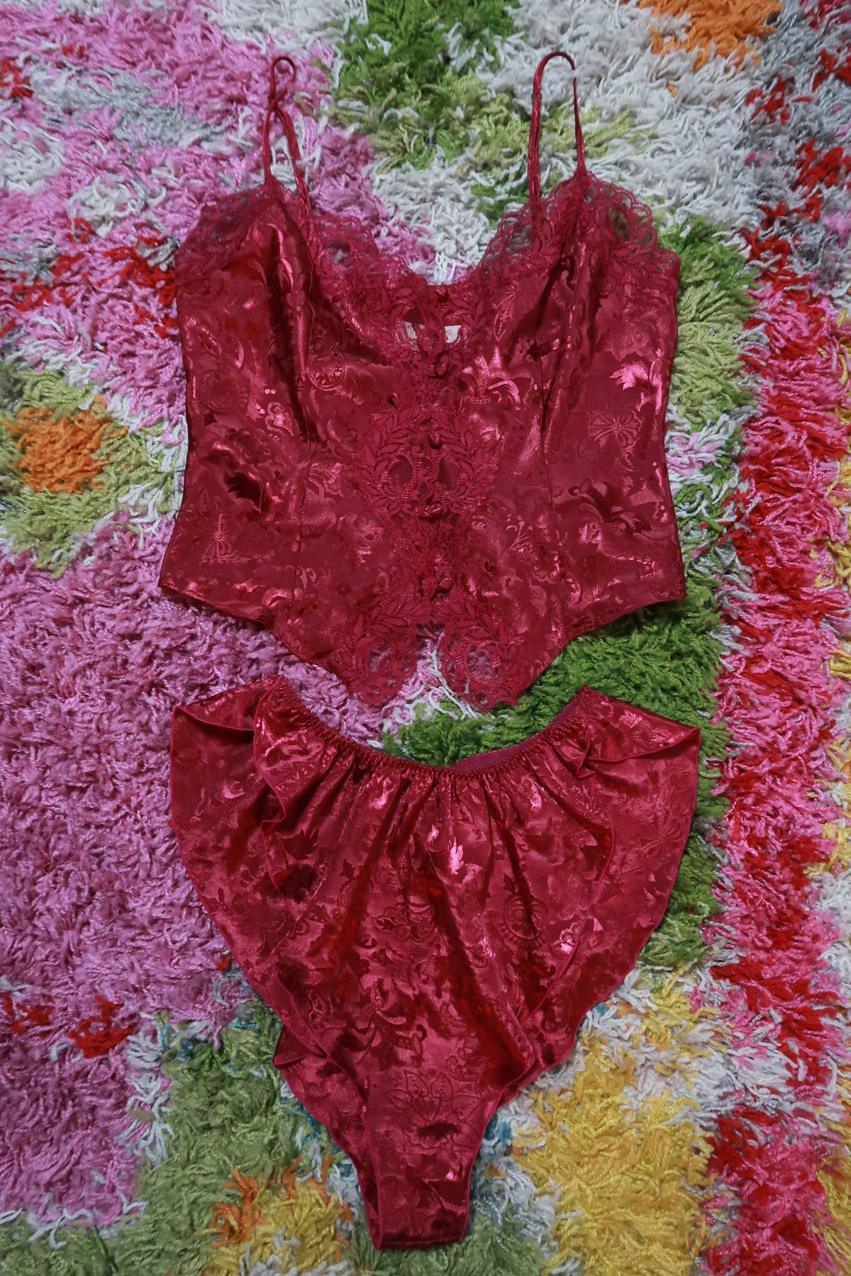 Vintage Victoria's Secret Burgundy Satin Jacquard Lingerie Set
