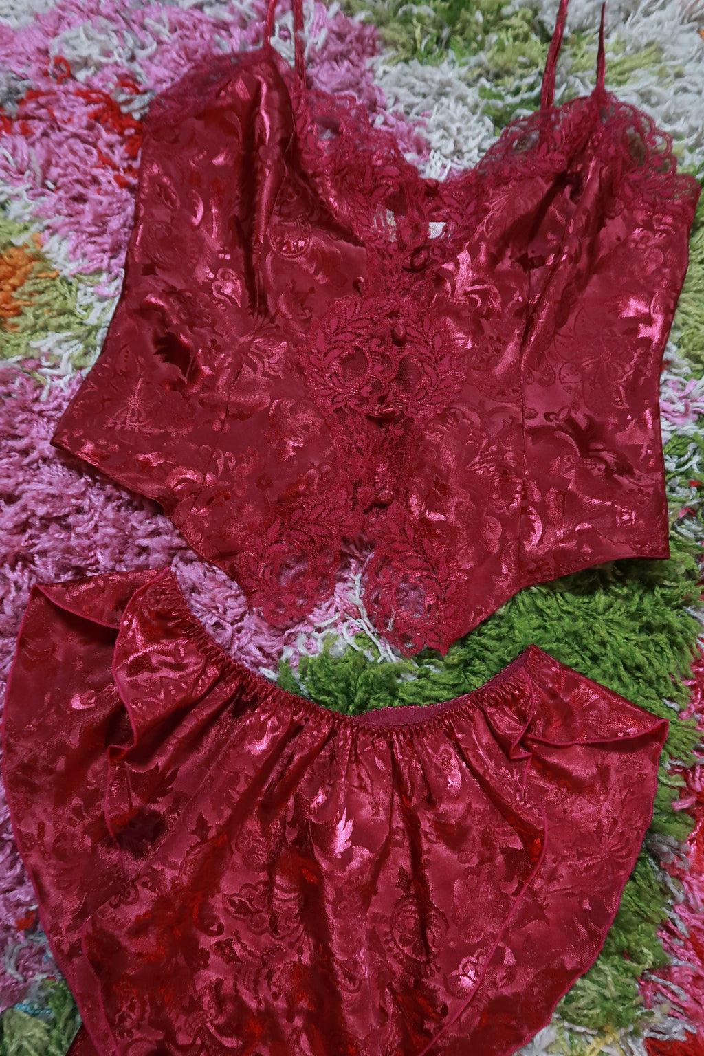 Vintage Victoria's Secret Burgundy Satin Jacquard Lingerie Set