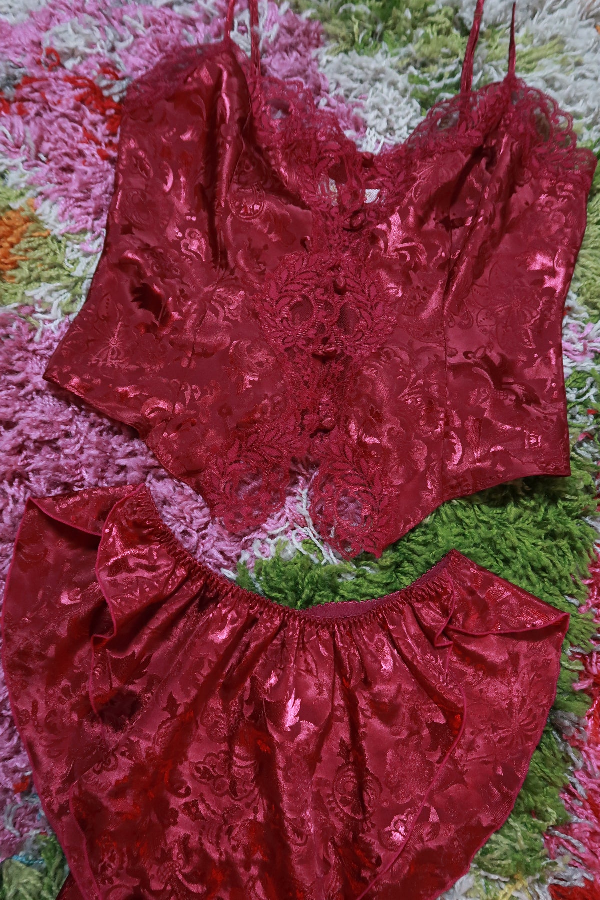 Vintage Victoria's Secret Burgundy Satin Jacquard Lingerie Set