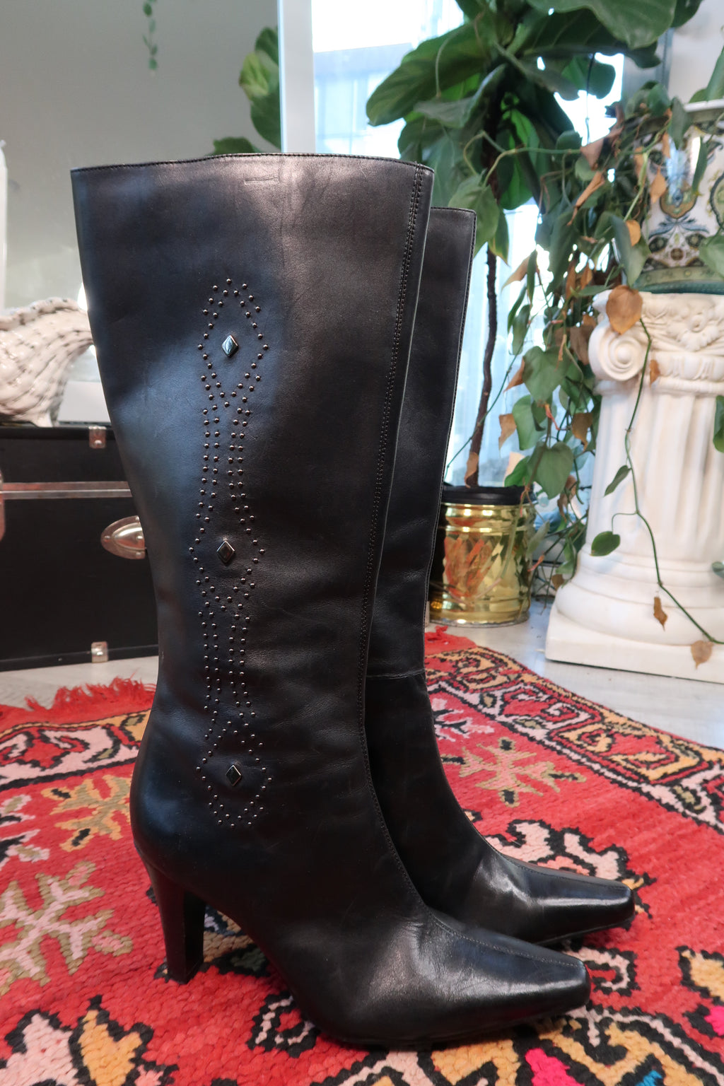 Vintage Black Leather Studded Knee-High Boots