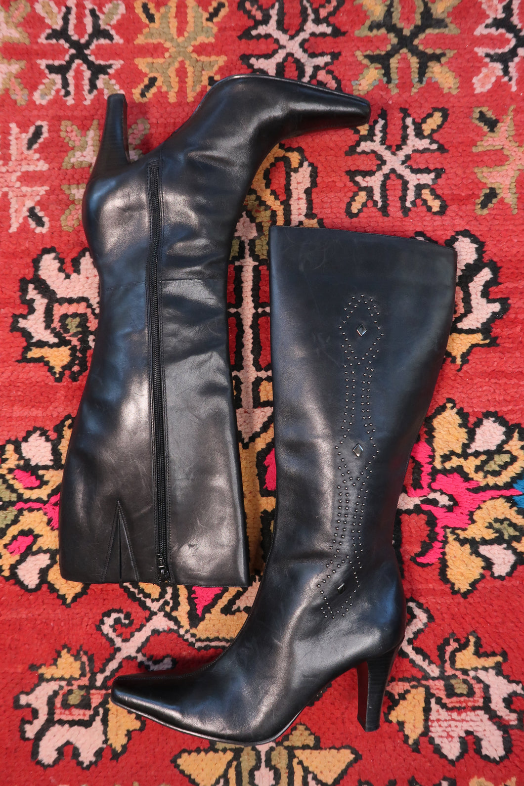 Vintage Black Leather Studded Knee-High Boots