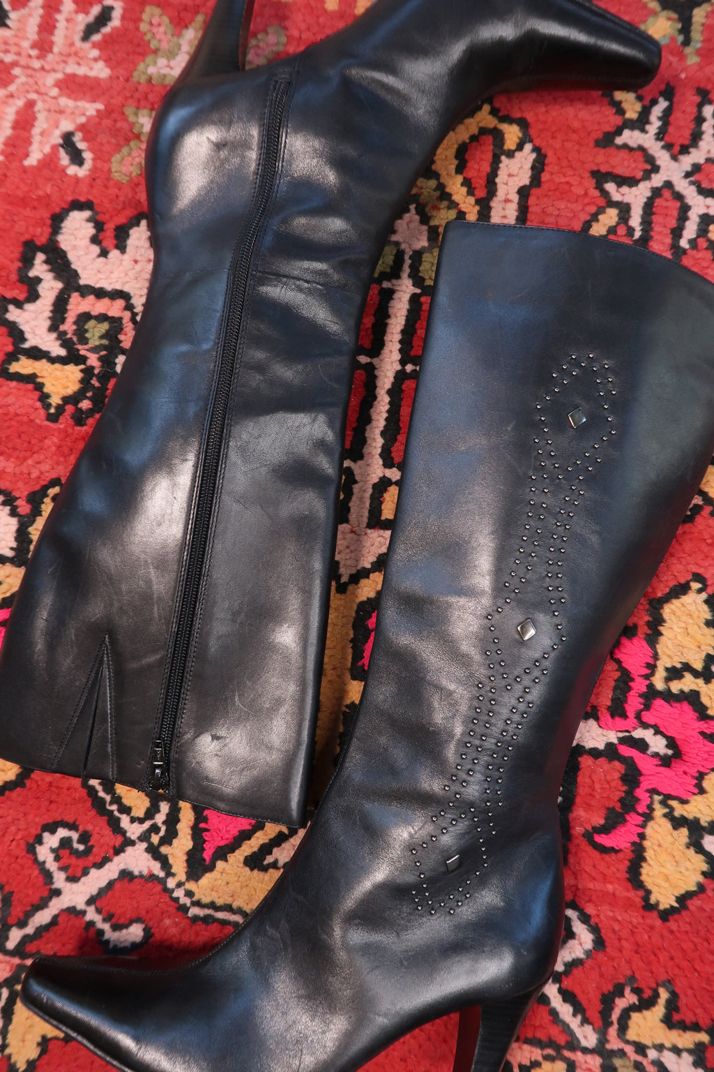 Vintage Black Leather Studded Knee-High Boots