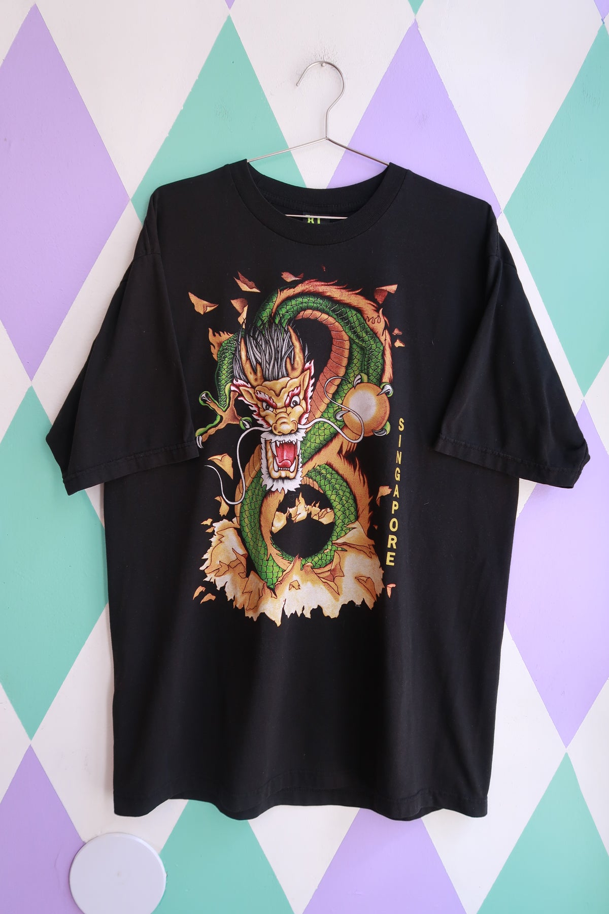 Black vintage 2000s Dragon graphic T-shirt for men by Elektra Vintage, double-sided design with detailed dragon artwork.