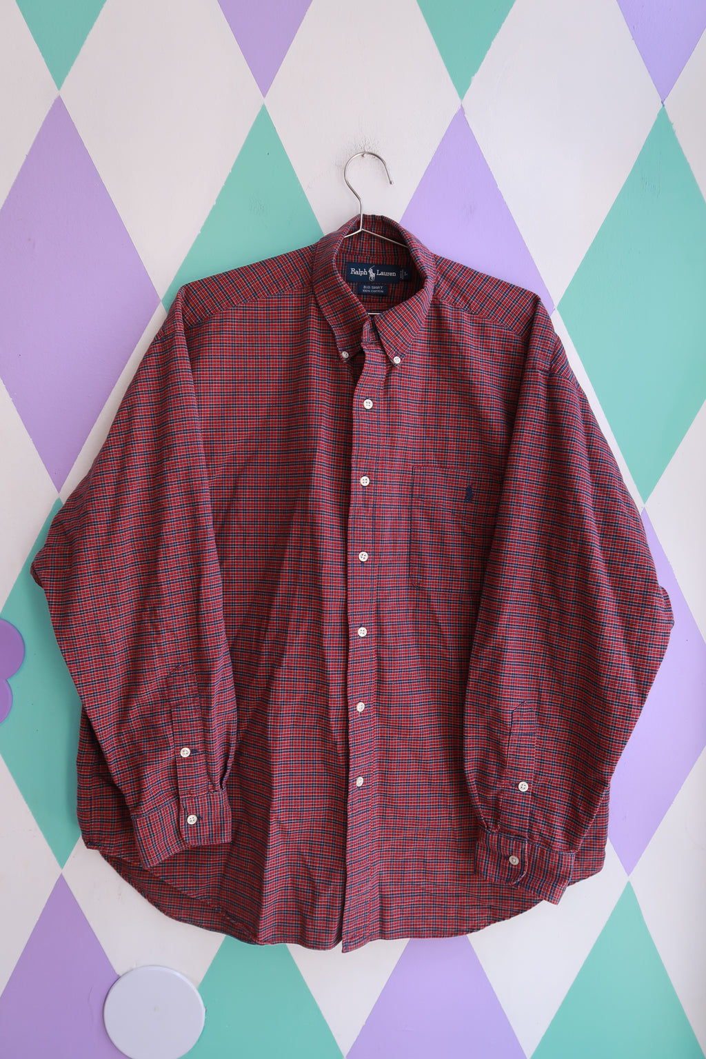 Men's vintage Ralph Lauren red and navy micro check button-down shirt by Elektra Vintage, featuring classic plaid pattern and collared design.
