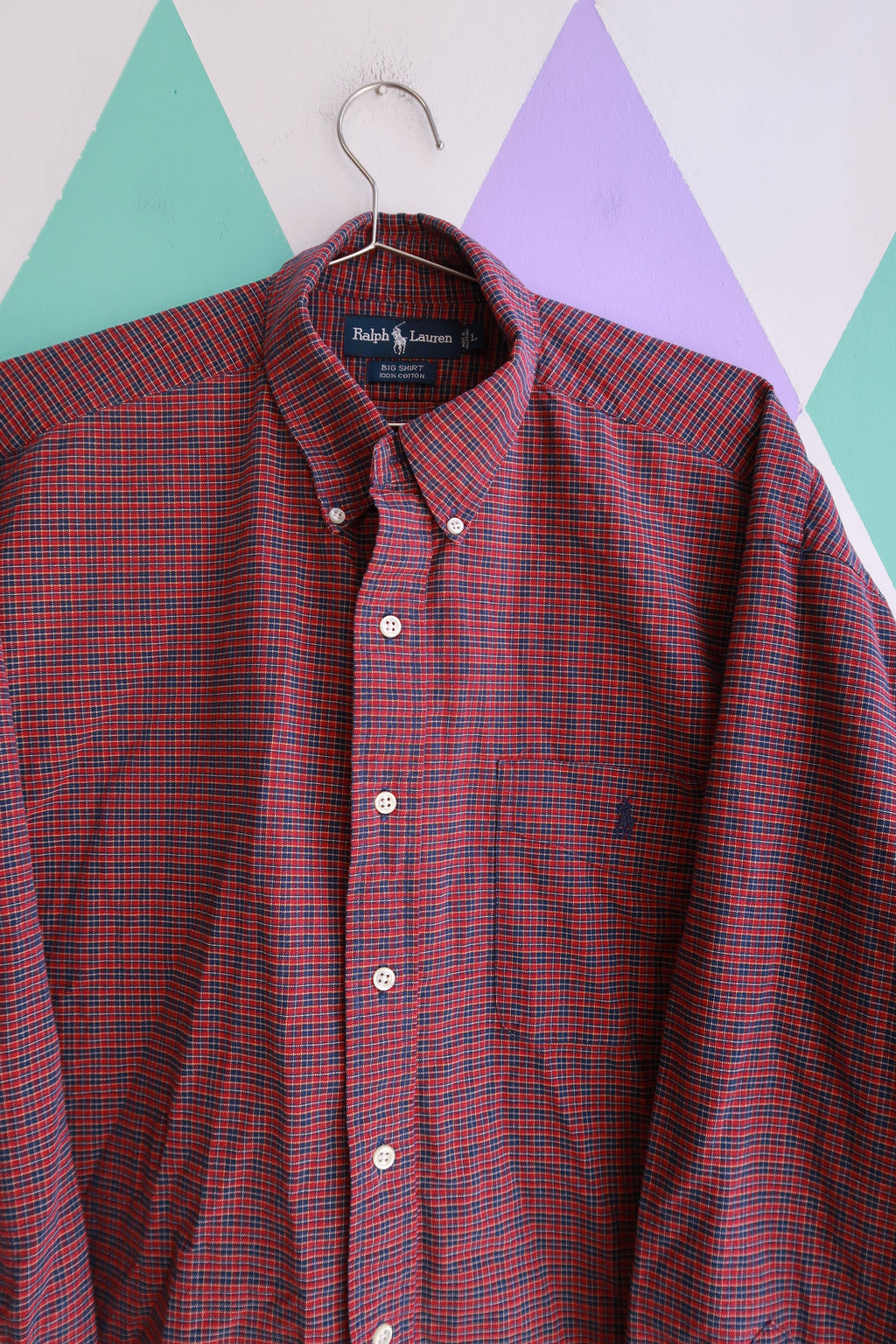 Elektra Vintage men's red and navy micro check Ralph Lauren button-down shirt, casual top with classic pattern and collar.