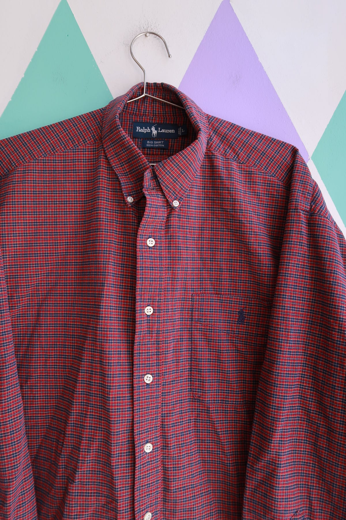Elektra Vintage men's red and navy micro check Ralph Lauren button-down shirt, casual top with classic pattern and collar.