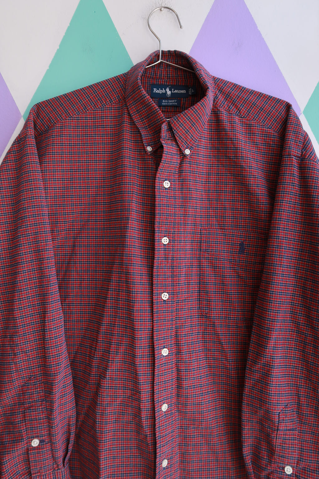 Elektra Vintage men's red and navy micro check button-down shirt by Ralph Lauren, casual and classic men's top.