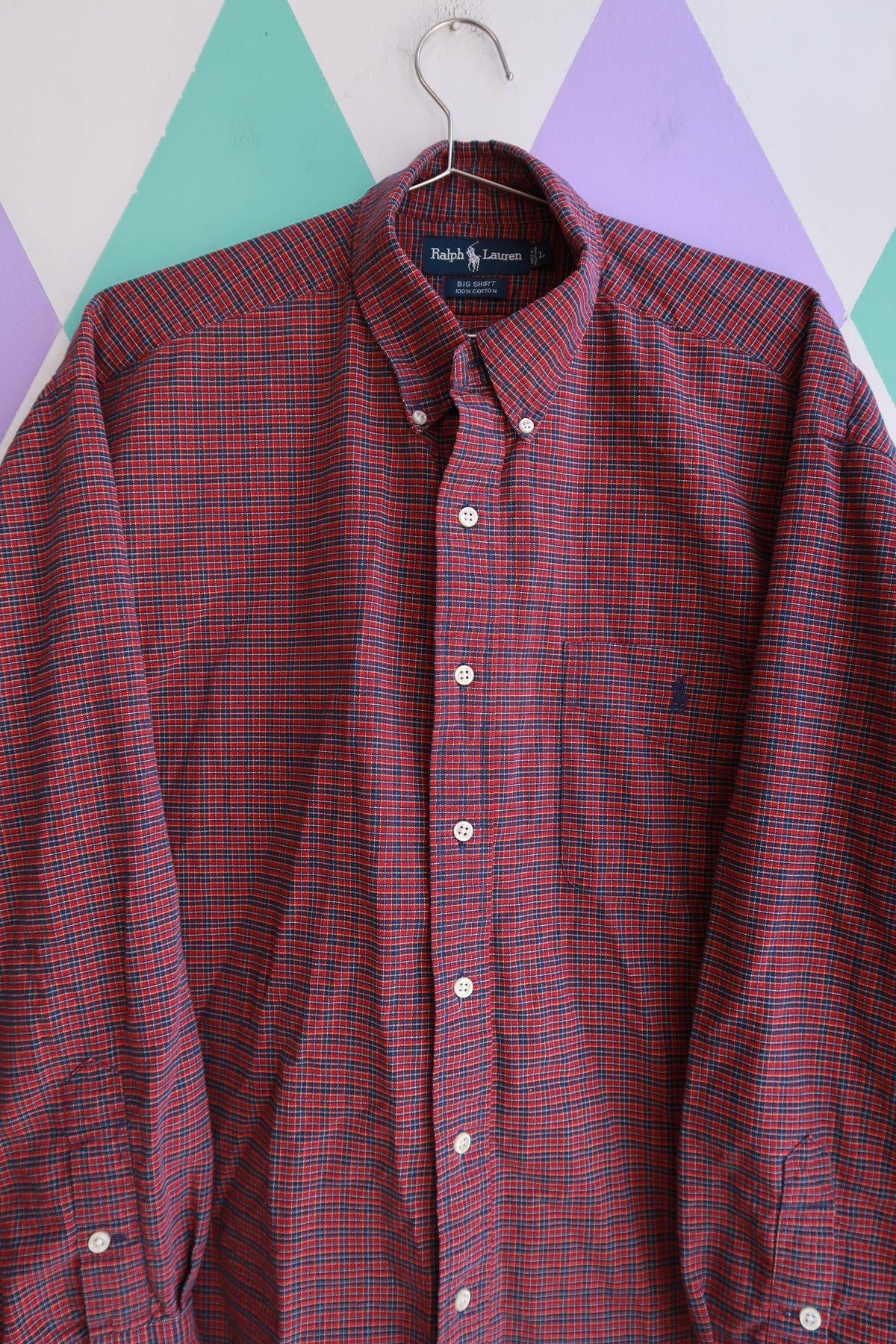 Elektra Vintage men's red and navy micro check button-down shirt by Ralph Lauren, casual and classic men's top.