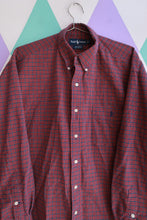 Load image into Gallery viewer, Elektra Vintage men's red and navy micro check button-down shirt by Ralph Lauren, casual and classic men's top.
