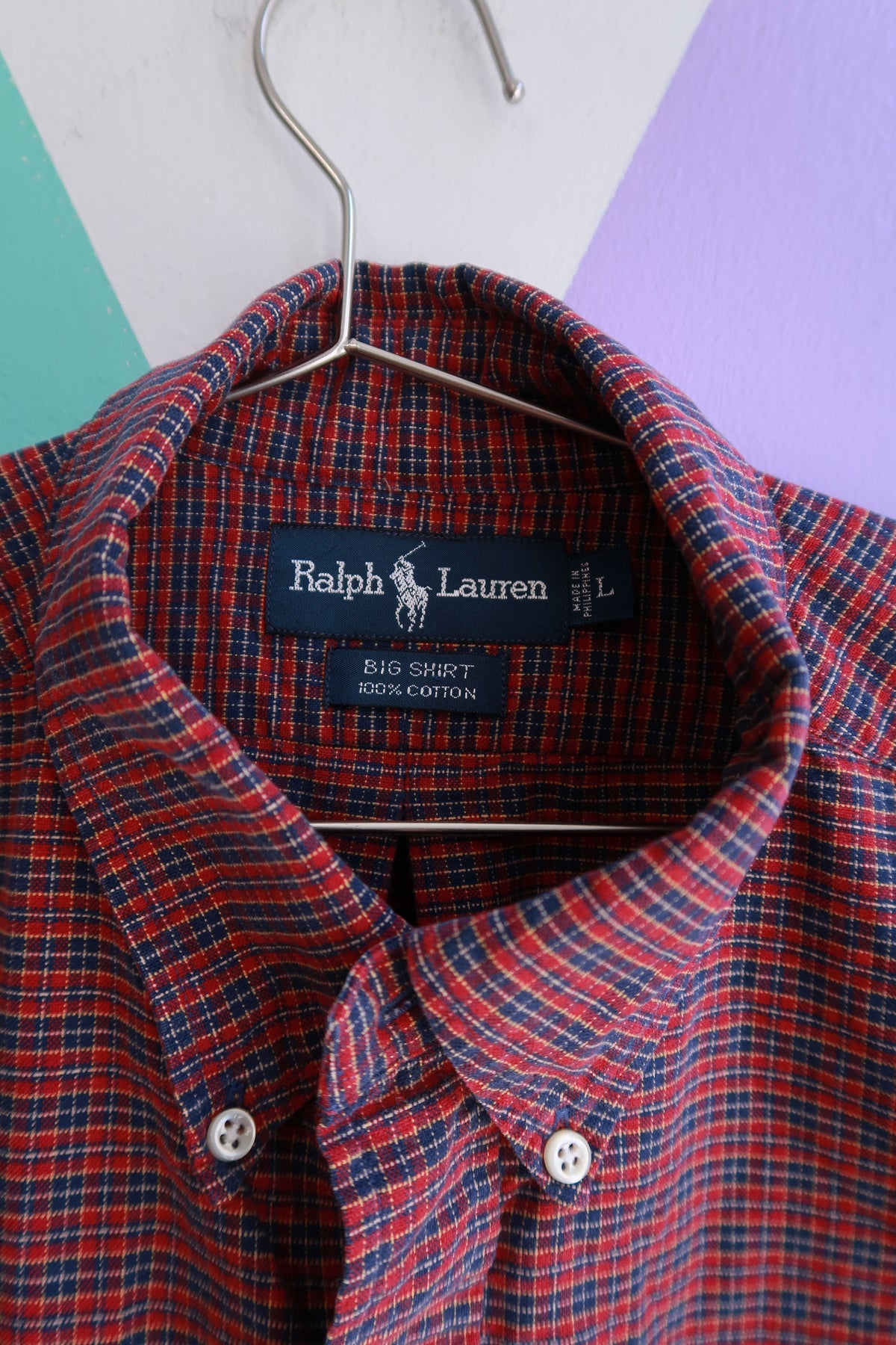 Elektra Vintage men's red and navy micro check button-down shirt by Ralph Lauren, casual button-up top with classic pattern.