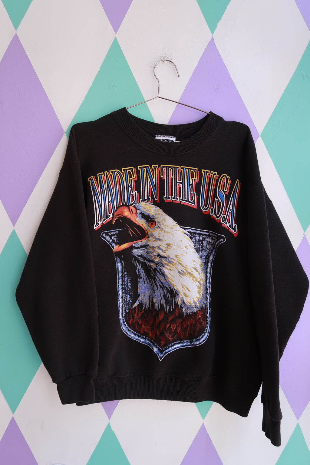 Men's vintage Eagle graphic crewneck sweatshirt by Elektra Vintage, made in the USA, featuring a bold eagle design on soft cotton fabric.