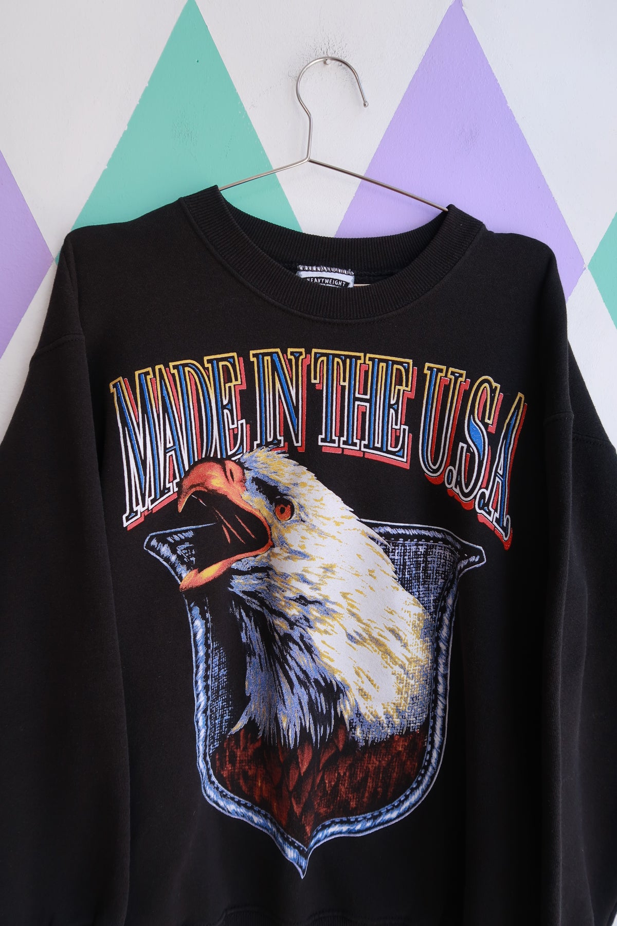 Elektra Vintage men's crewneck sweatshirt featuring a vintage eagle graphic, made in the USA, with a classic and stylish design.