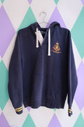 Elektra Vintage men's navy polo Ralph Lauren crest rugby hoodie sweatshirt with front logo and ribbed cuffs.
