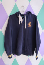 Load image into Gallery viewer, Elektra Vintage men's navy polo Ralph Lauren crest rugby hoodie sweatshirt with front logo and ribbed cuffs.
