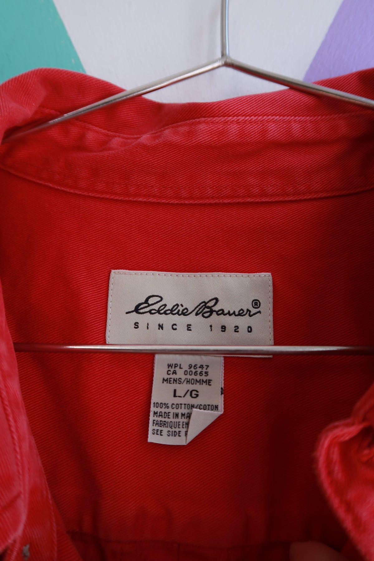 Men's vintage Eddie Bauer red button-down shirt in classic cotton, oversized fit, from Elektra Vintage.