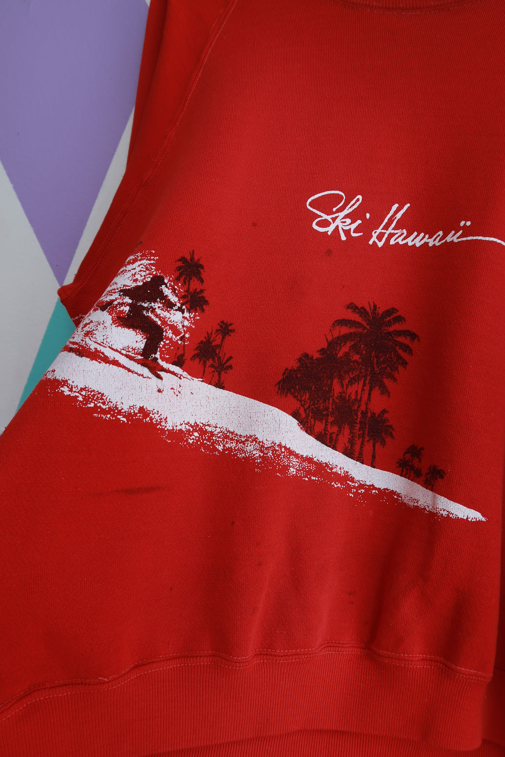 Elektra Vintage men's red crewneck sweatshirt with vintage Hawaii surf scene graphic, featuring a retro ski design.