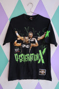 Black vintage 2000s WWE D-Generation X graphic T-shirt for men by Elektra Vintage, featuring DX logos on double-sided wrestling tee.