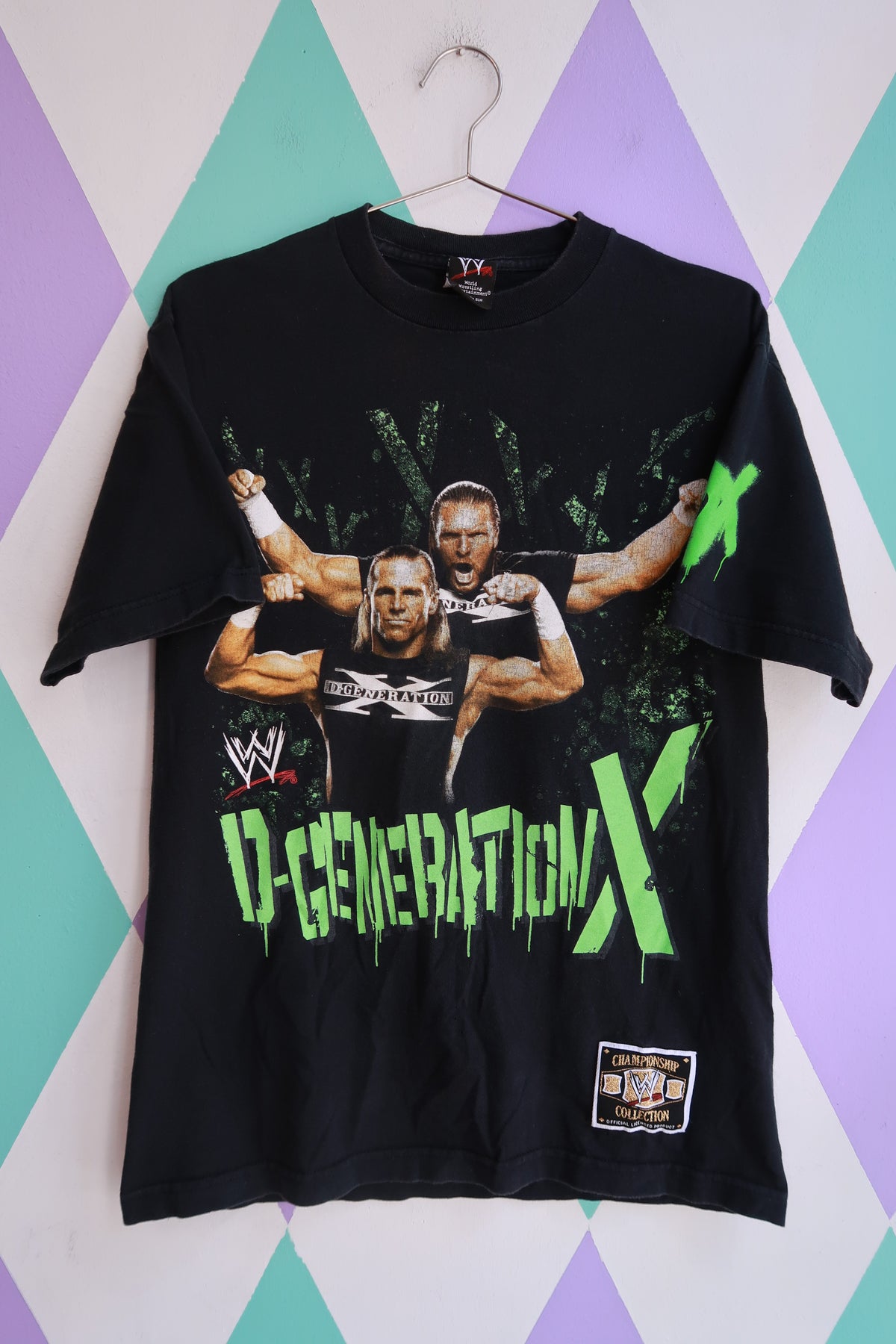 Black vintage 2000s WWE D-Generation X graphic T-shirt for men by Elektra Vintage, featuring DX logos on double-sided wrestling tee.