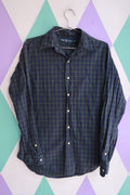 Elektra Vintage men's navy and green plaid cotton button-down shirt, 2000s Ralph Lauren style, with classic check pattern.