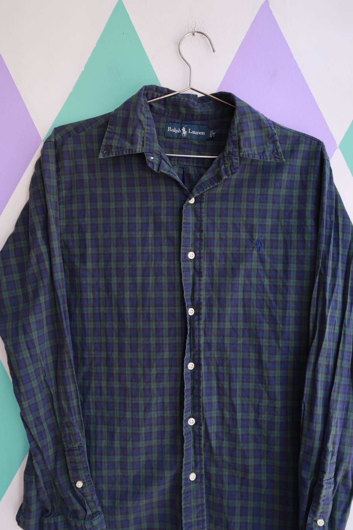 Men's vintage Ralph Lauren plaid button-down shirt in navy and green check cotton, stylish 2000s Ralph Lauren men's top.